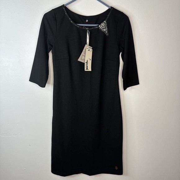 Ferrante Dresses & Skirts - Ferrante Italian Dress Sz XS Rhinestone Detail Black Viscose Made In Italy NWT